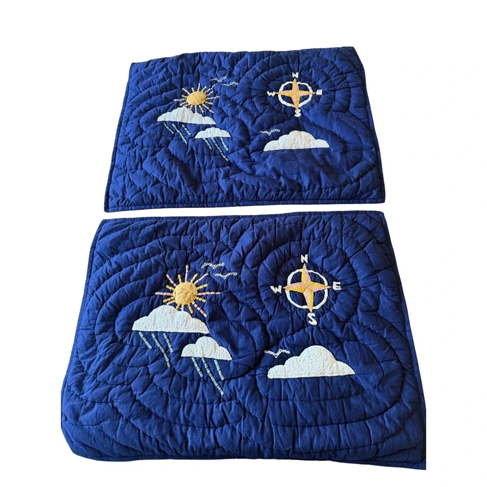 Pottery Barn Kids Pillow Shams Set of 2 Navy Blue EUC Quilted Celestial Sun